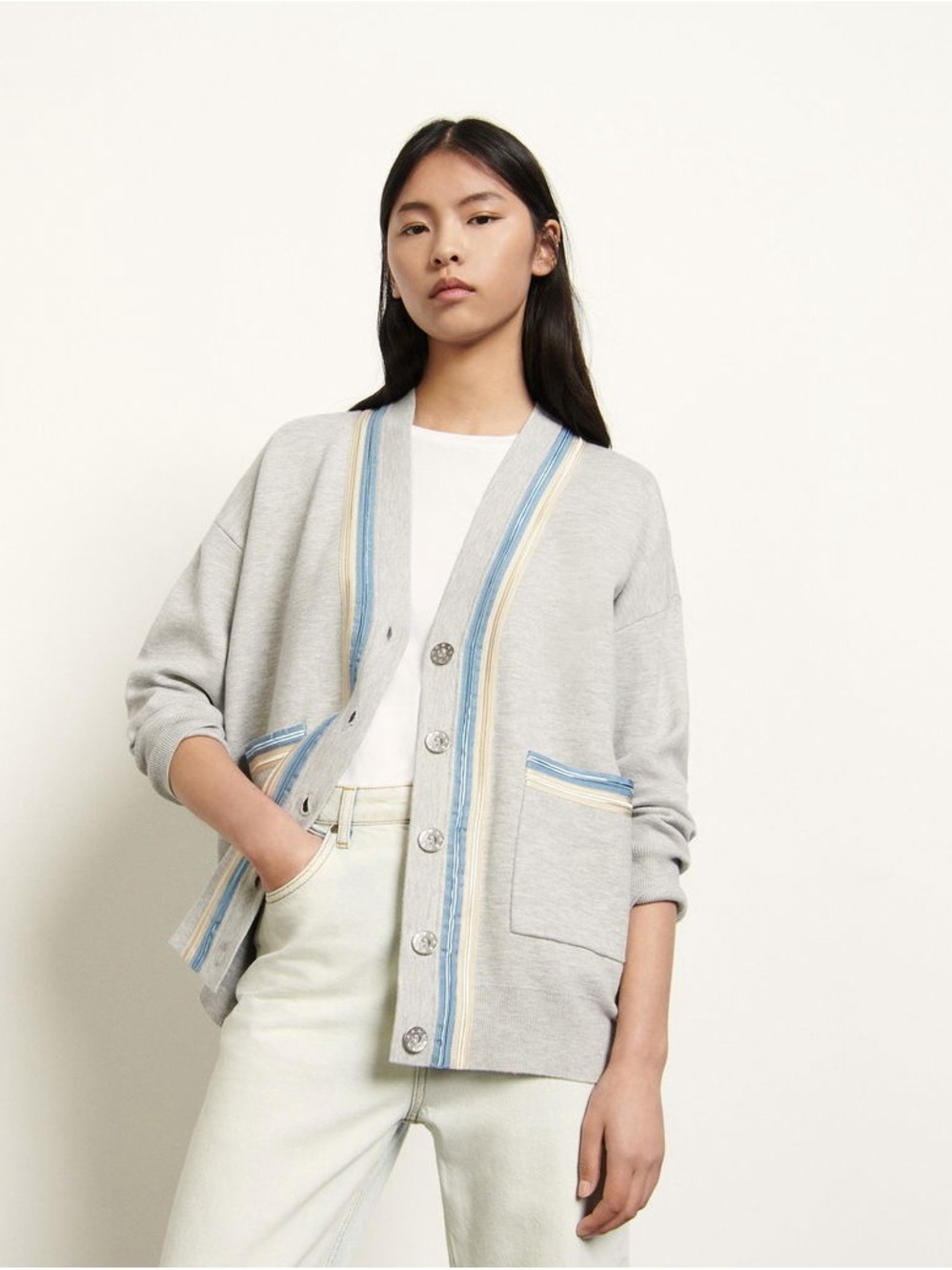 Sandro Classic Oversized Grey Cardigan With Crochet Inserts (Size Small)